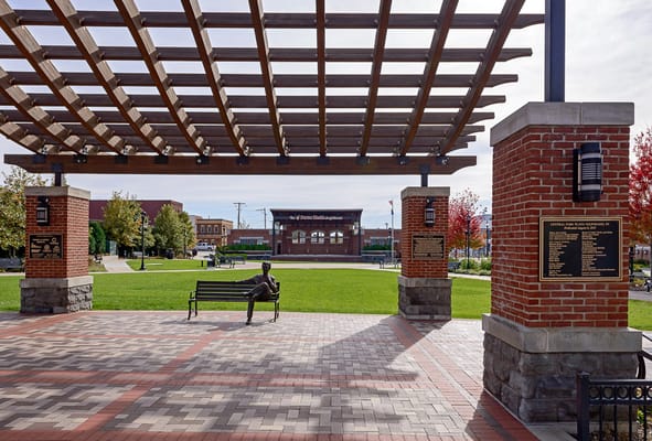 A public park with seating and trees