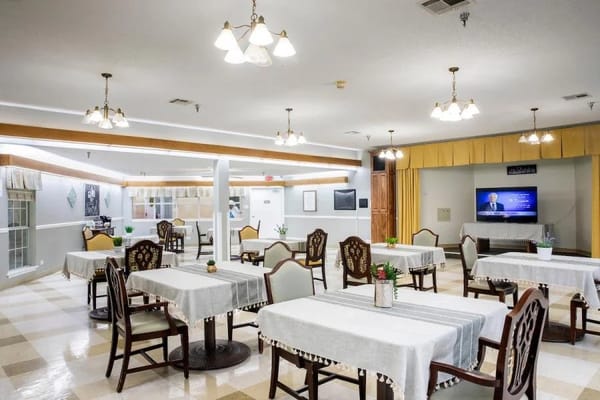Bright dining room with tables and seating