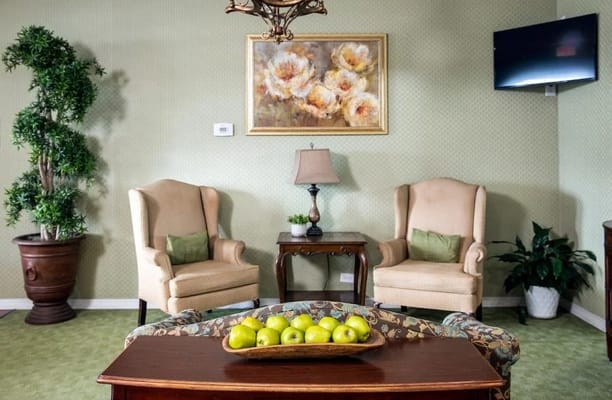 Interior lounge area with seating and decor