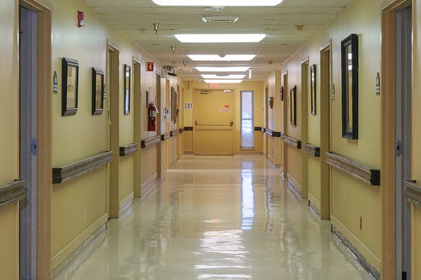 A clean hallway in a senior living facility