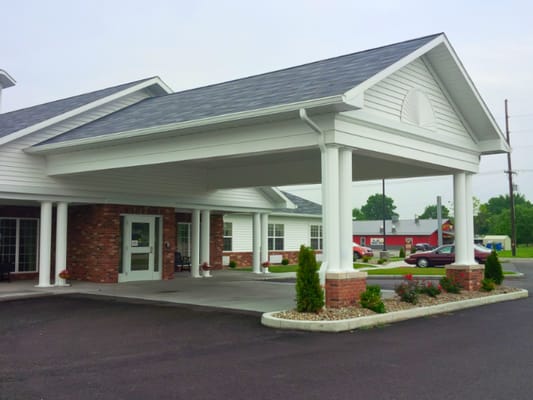 Exterior view of a senior living facility entrance
