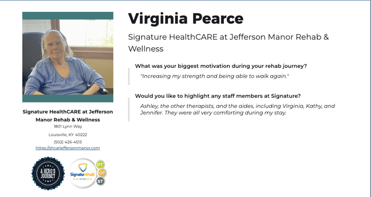 Resident Virginia Pearce shares her rehab journey.