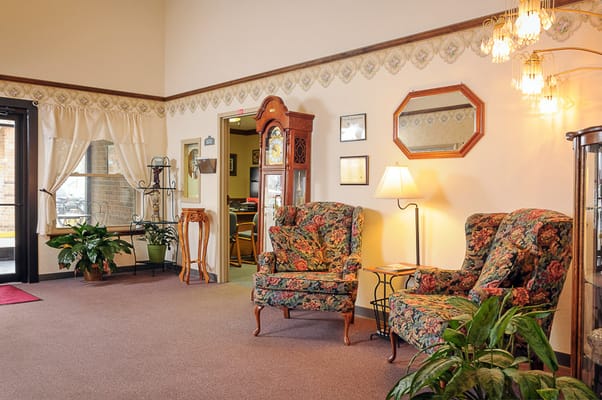 Interior view of a welcoming common area with seating and decor