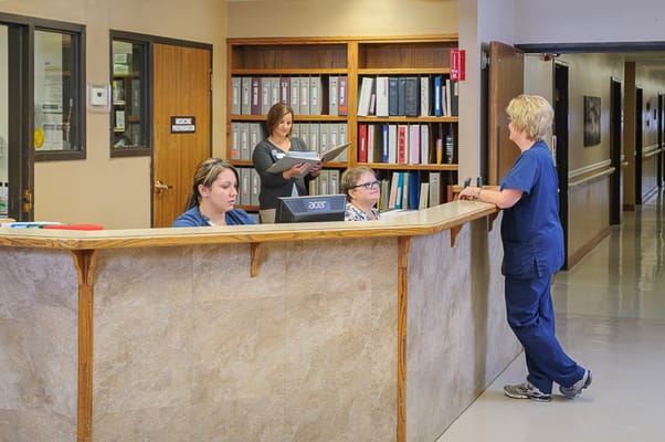 Staff assisting visitors at the reception area