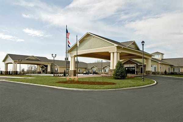 Exterior view of a senior care facility entrance