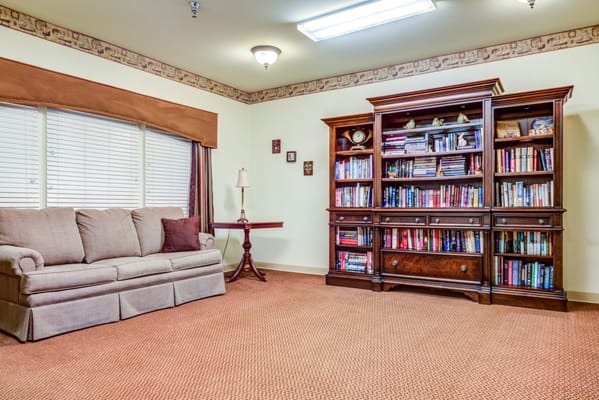 Cozy interior living space with bookshelves