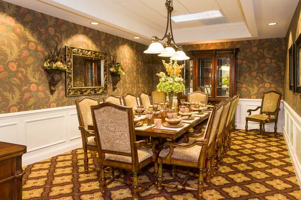 Elegant dining room with a large table and decorative details