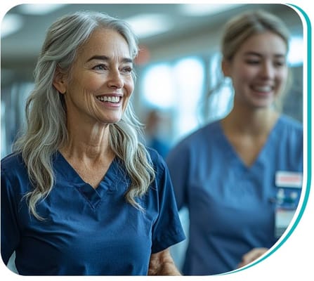 Smiling staff and resident in a facility