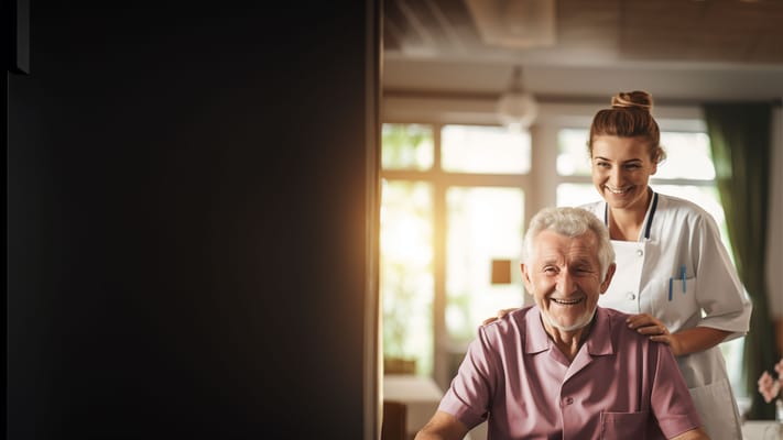 A staff member smiling behind a resident in a care facility