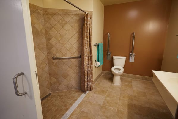 Accessible bathroom with shower and supportive features