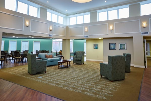 Bright interior common area with seating