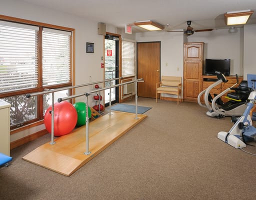Interior view of a physical therapy room with equipment