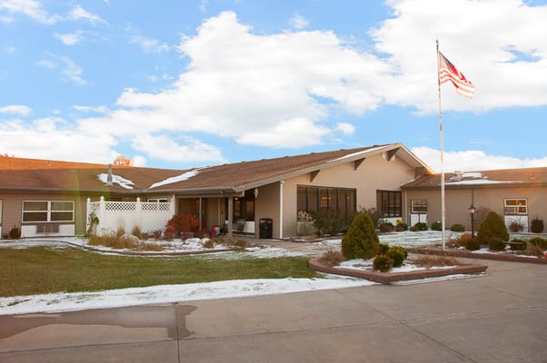 Exterior of Life Care Center of Burlington on a snowy day