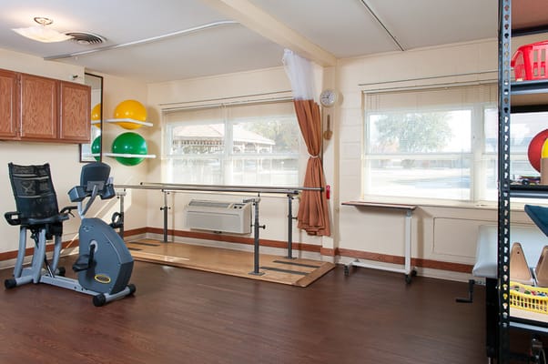 Interior view of therapy room with exercise equipment