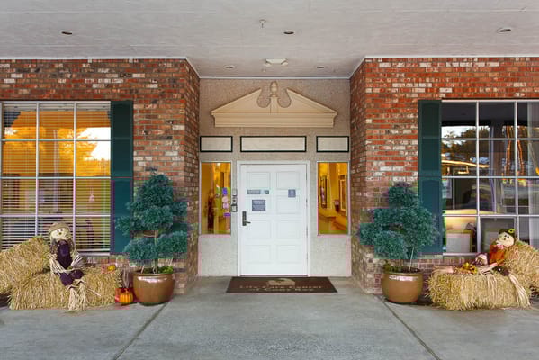 Entrance of Life Care Center with autumn decorations