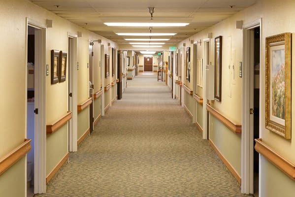 A bright corridor in a senior living facility