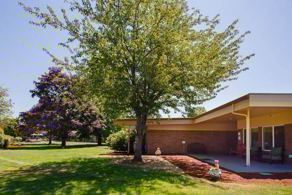 Outdoor view of the facility building and landscaped area