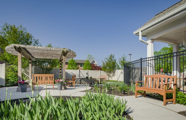 Outdoor garden space with seating and greenery
