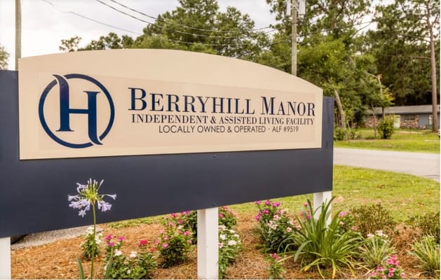 Sign for Berryhill Manor Retirement Center at the entrance