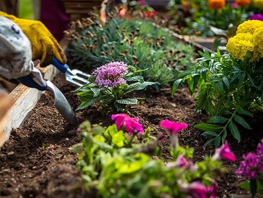 Resident gardening in a colorful flower bed