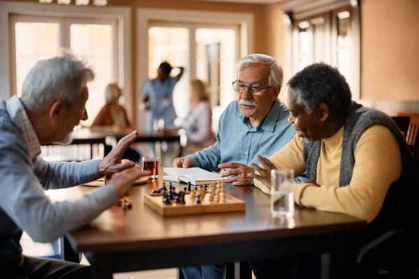 Residents enjoying a game of chess in the common area