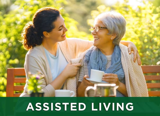 Residents enjoying coffee in a garden setting