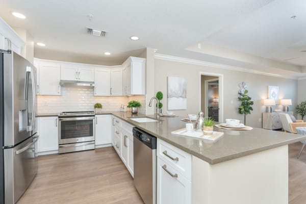 Modern kitchen with stainless steel appliances and decor