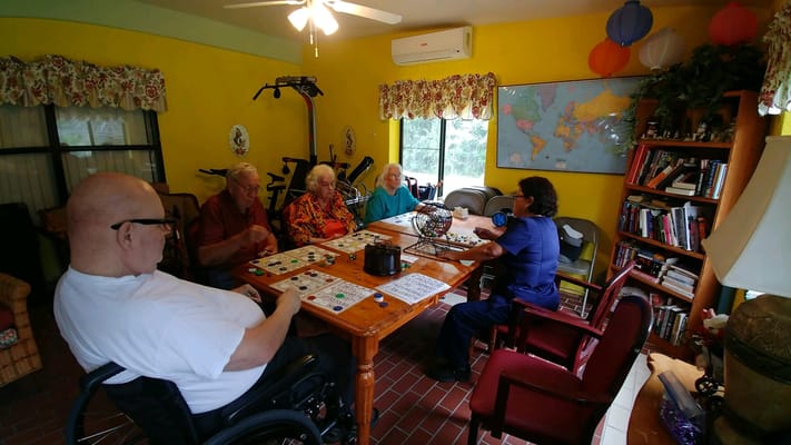 Residents playing a game in a sunny activity room