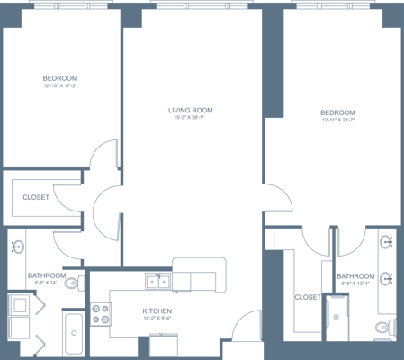 Architectural floor plan of a two-bedroom unit