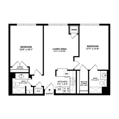 Architectural floor plan layout of a two-bedroom unit