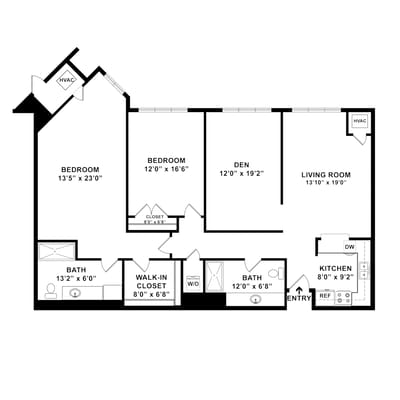 Architectural floor plan of a senior living unit