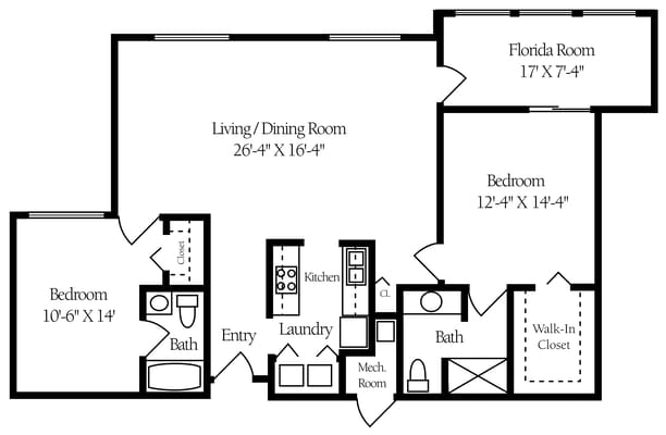 Architectural floor plan of a senior living unit