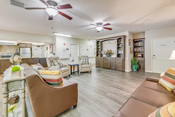 Bright interior common area with seating and decor