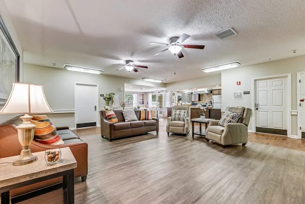 Bright common area in a senior living facility