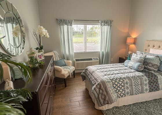 Cozy resident room with modern decor and natural light