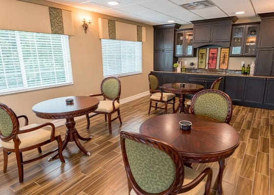 Bright interior common area with tables and chairs