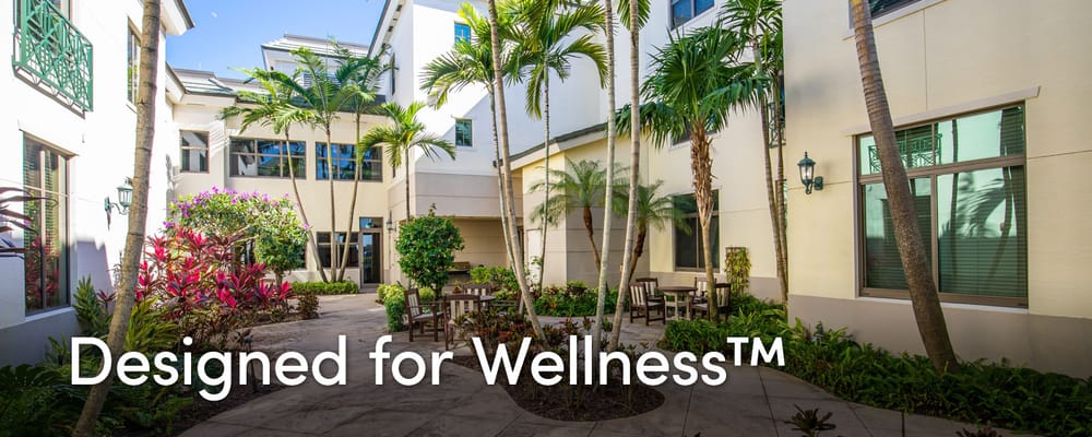 Courtyard area of a senior living facility with seating