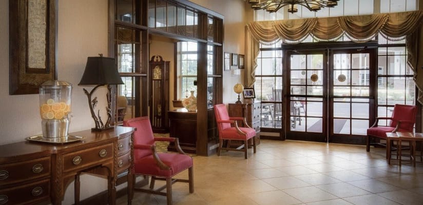 Bright lobby area with seating and decorative features