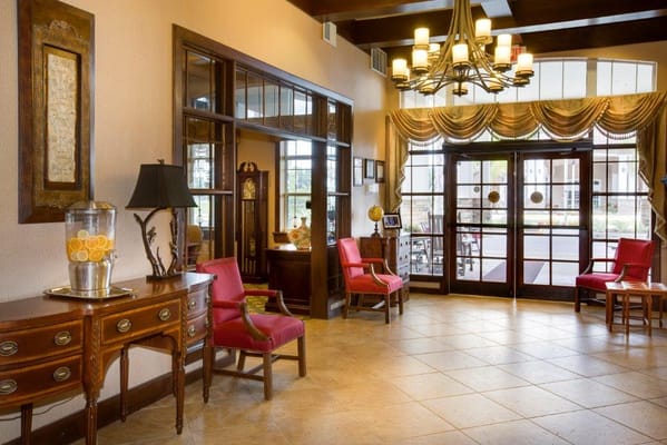 Lobby area with seating and decorative elements