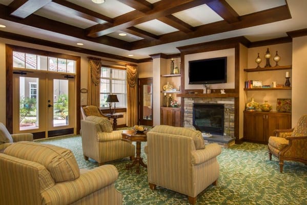 Cozy common area with comfortable seating and fireplace