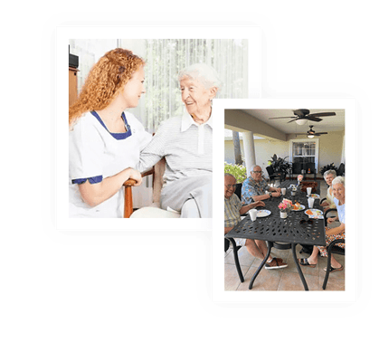 Care staff interacting with residents at an outdoor dining area