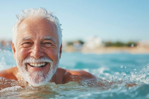 A smiling senior man enjoying swimming in a pool