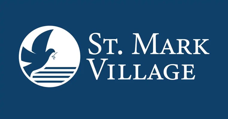 Logo of St. Mark Village on a blue background