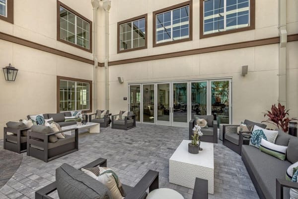 Outdoor seating area with modern furniture