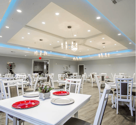 Bright dining room with stylish table settings