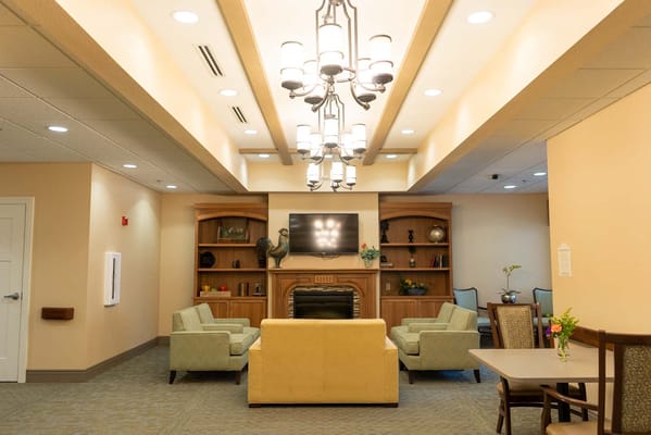 Bright common area with seating and decor