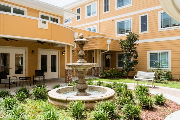 Fountain and outdoor seating area in a courtyard