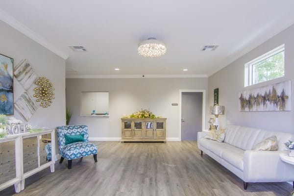 Bright and welcoming lobby area in a senior living facility