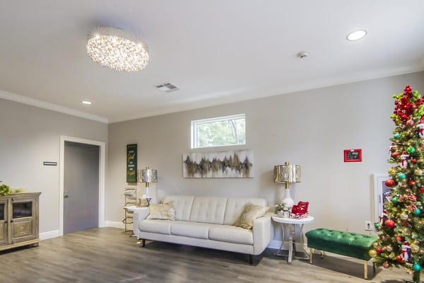 Bright common area decorated for the holidays