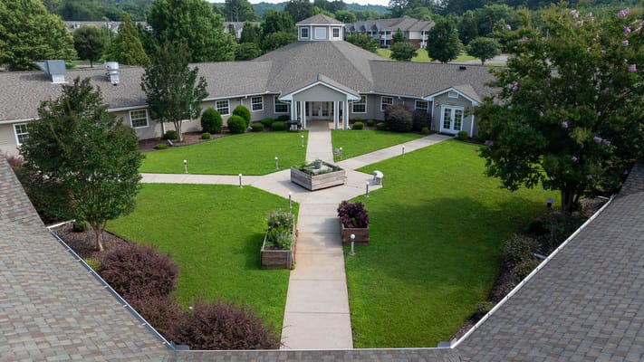 Aerial view of landscaped outdoor area at the facility